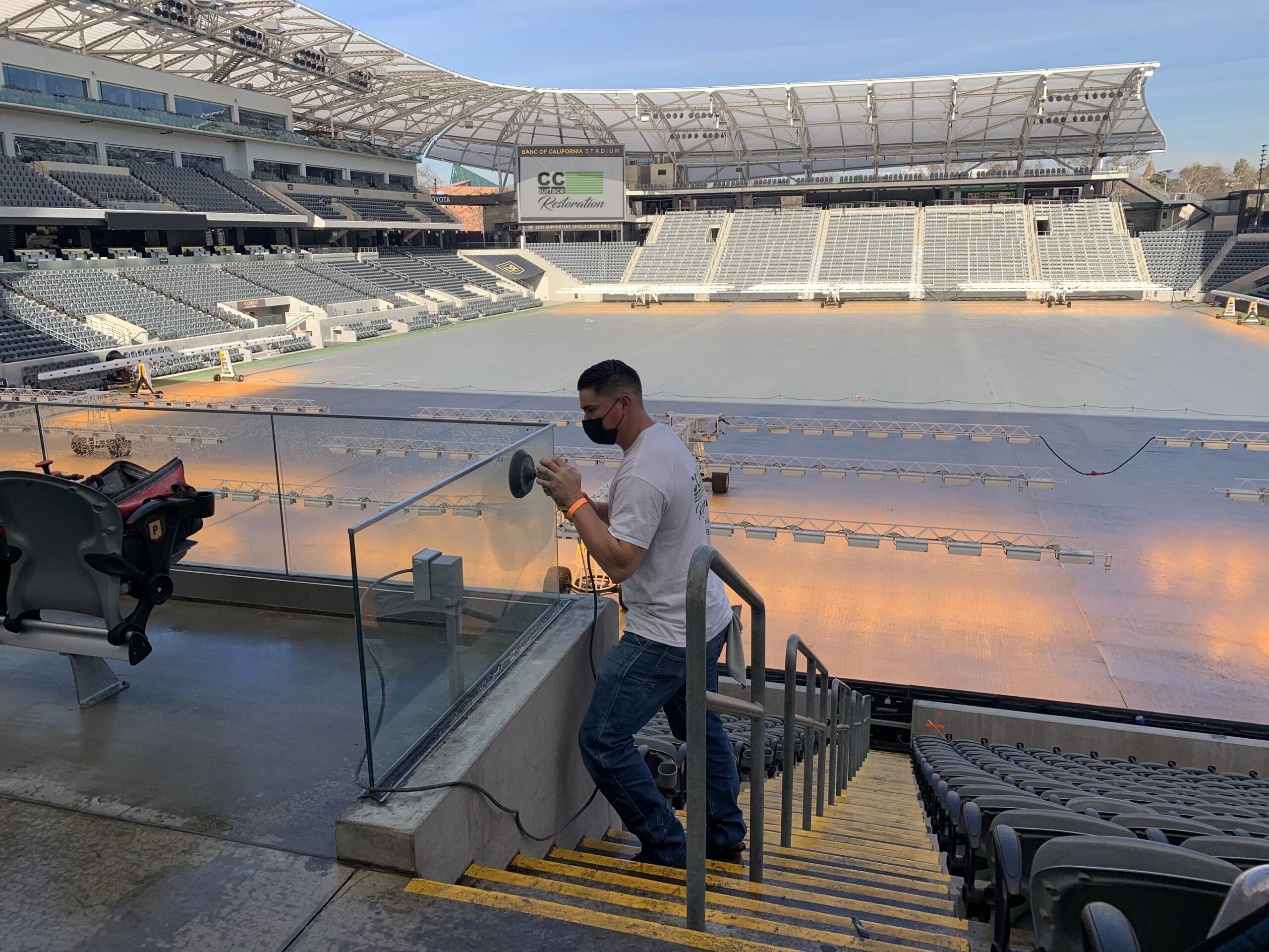 CC Surface Restoration removing scratches on glass at Banc of CA Stadium